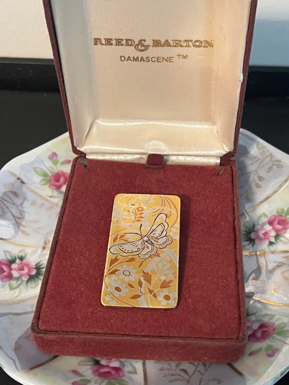 Vintage Reed & Barton Damascene Butterfly Pendant Brooch In Original Box - Picture 1 of 7